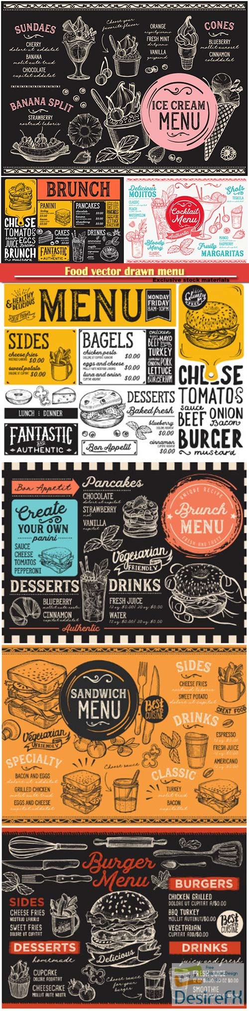 Food vector drawn menu, seafood, fast food, ice cream, cocktails, desserts