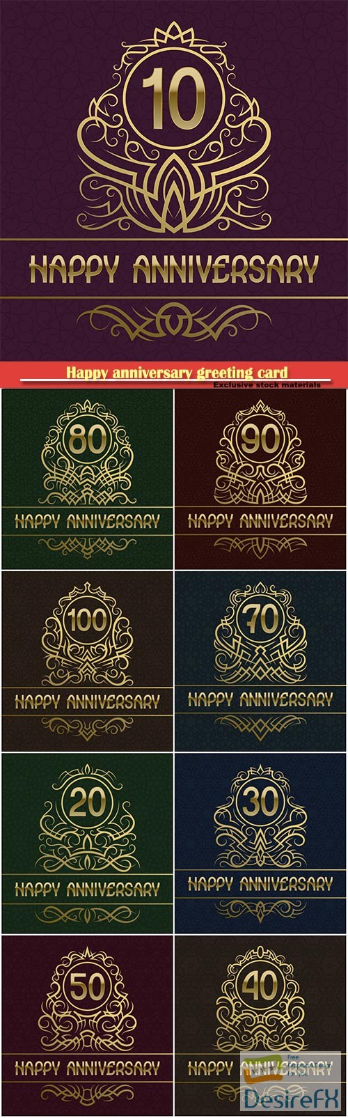 Happy anniversary greeting card with vintage design golden elements