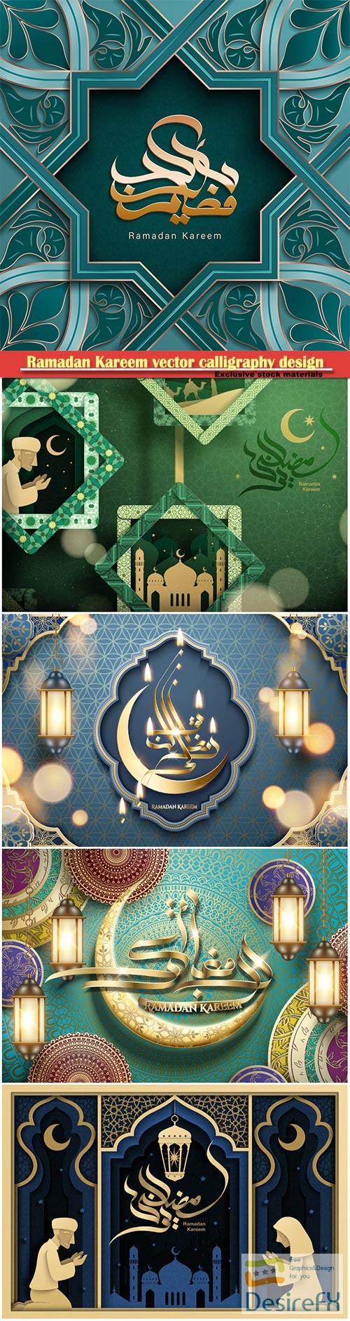 Ramadan Kareem vector calligraphy design with decorative floral pattern,mosque silhouette, crescent and glittering islamic background # 1