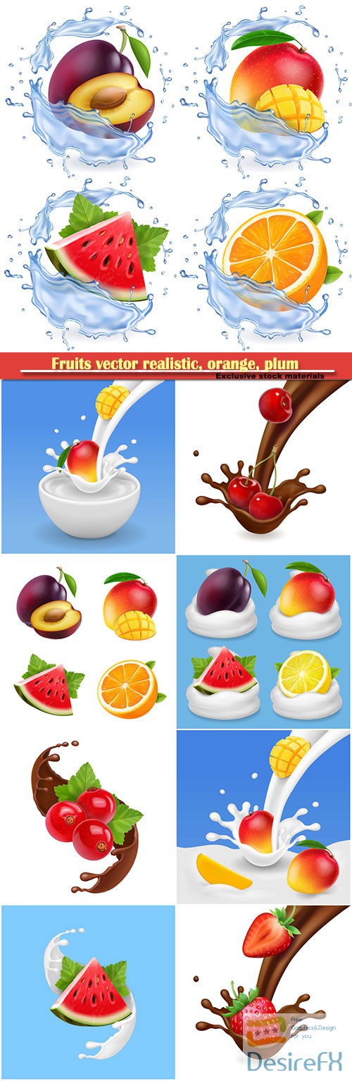 Fruits vector realistic, orange, plum, watermelon and mango set vector illustrations