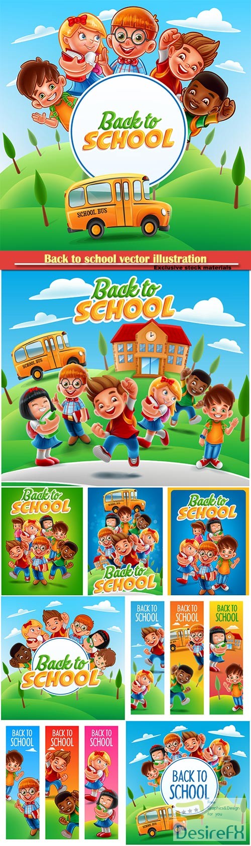 Back to school vector illustration, funny kids with school books