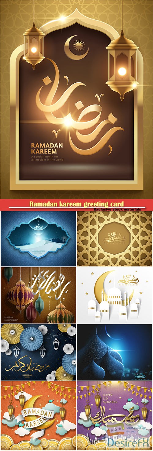 Ramadan kareem greeting card with hanging stars and golden arabic patterns