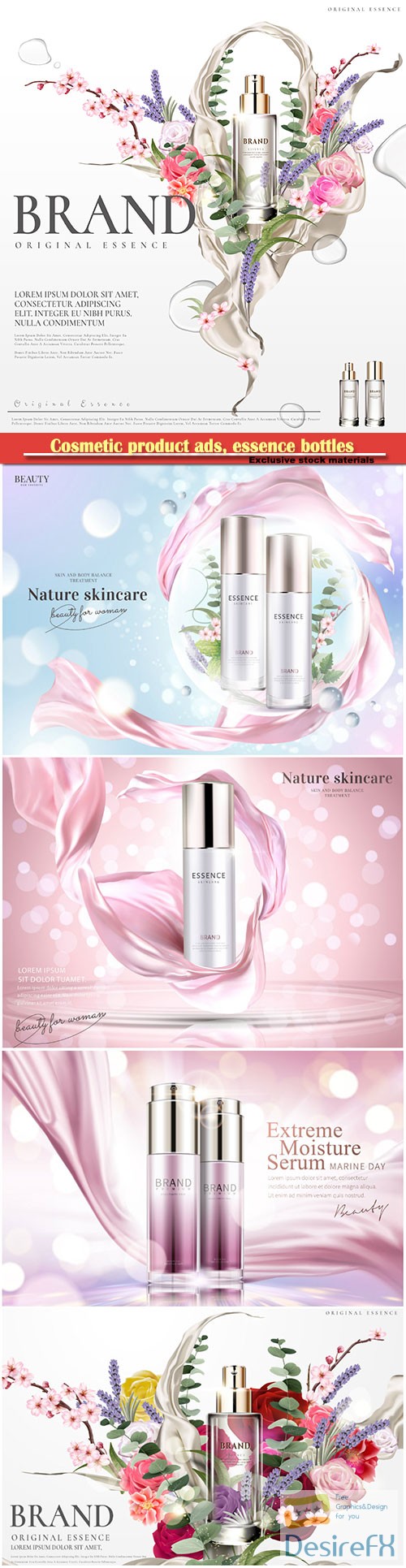 Cosmetic product ads, essence bottles with floral and plants in bubbles in 3d illustration, glitter bokeh background