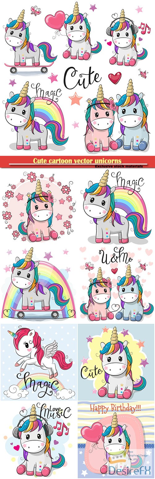 Cute cartoon vector unicorns isolated on a white background