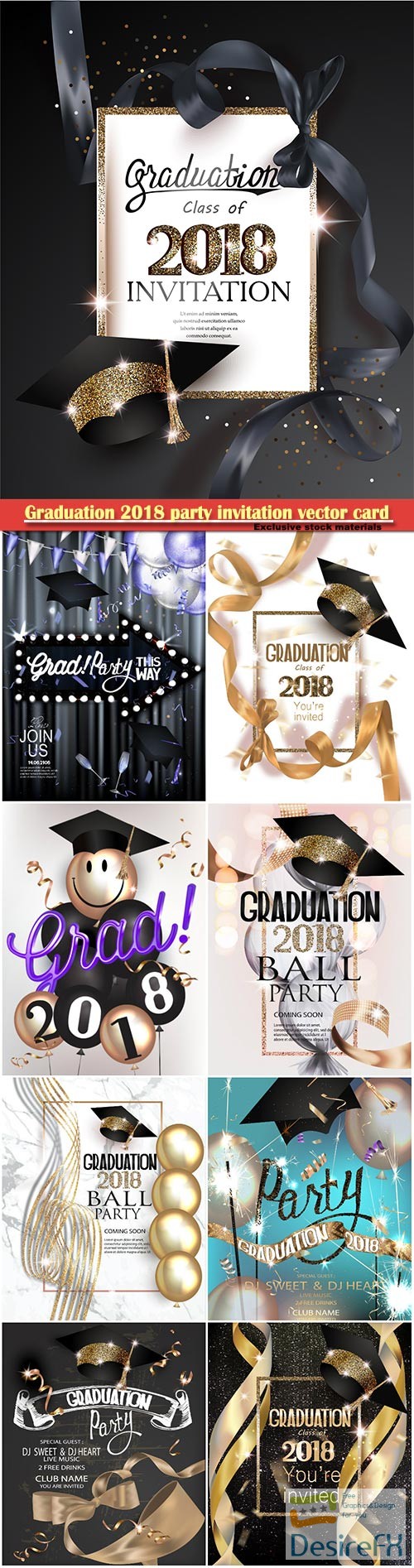Graduation 2018 party invitation vector card with hat and long gold silk ribbon and confetti