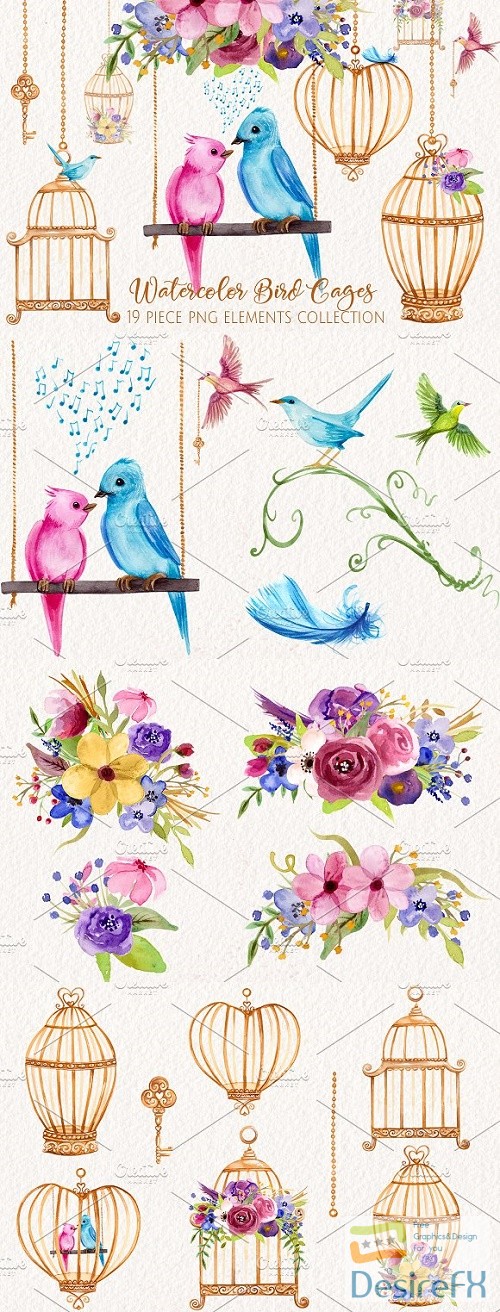 Watercolor Love Birds and Cages 2444846