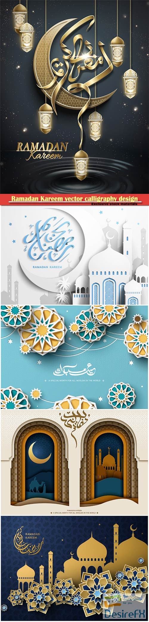 Ramadan Kareem vector calligraphy design with decorative floral pattern,mosque silhouette, crescent and glittering islamic background # 7
