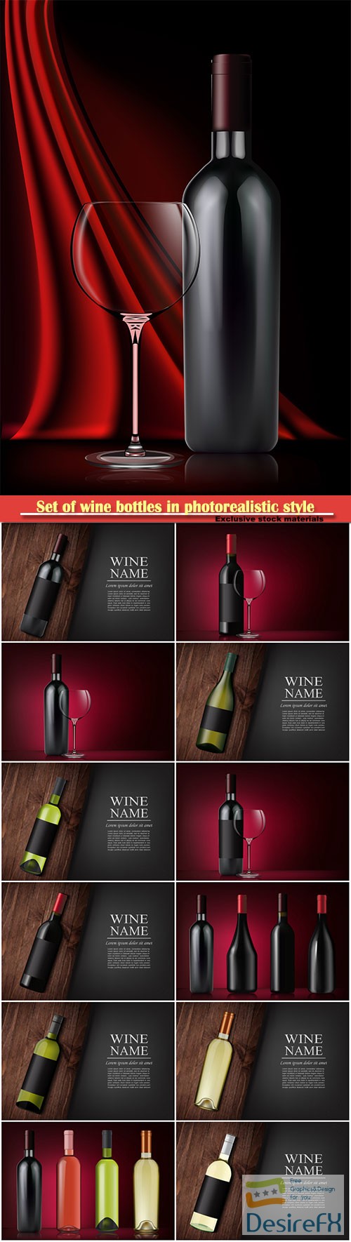 Set of wine bottles in photorealistic style, vector pink, white, red wines