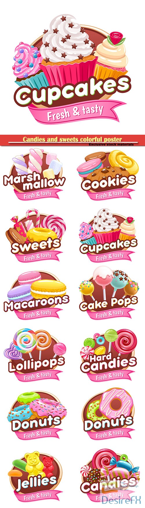 Candies and sweets colorful poster, donut, cookie, marshmallow, candy cane, lollipop