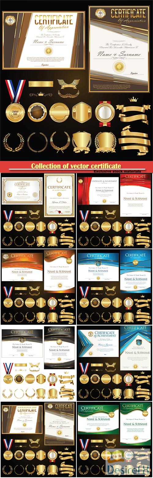 Collection of vector certificate badges labels shields and laurels