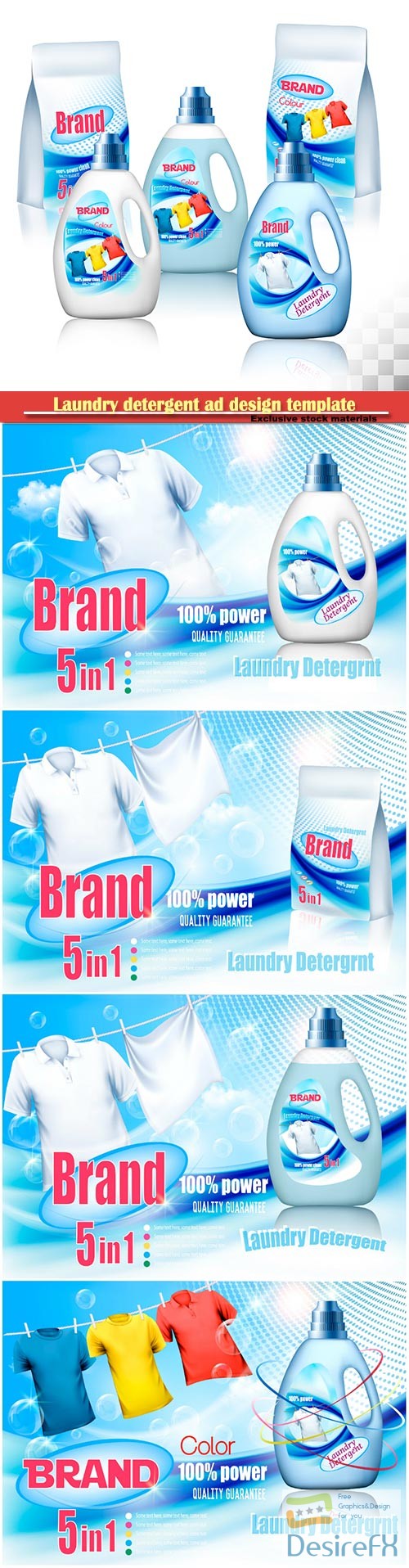 Laundry detergent ad design template, plastic bottle and colorful shirts on rope