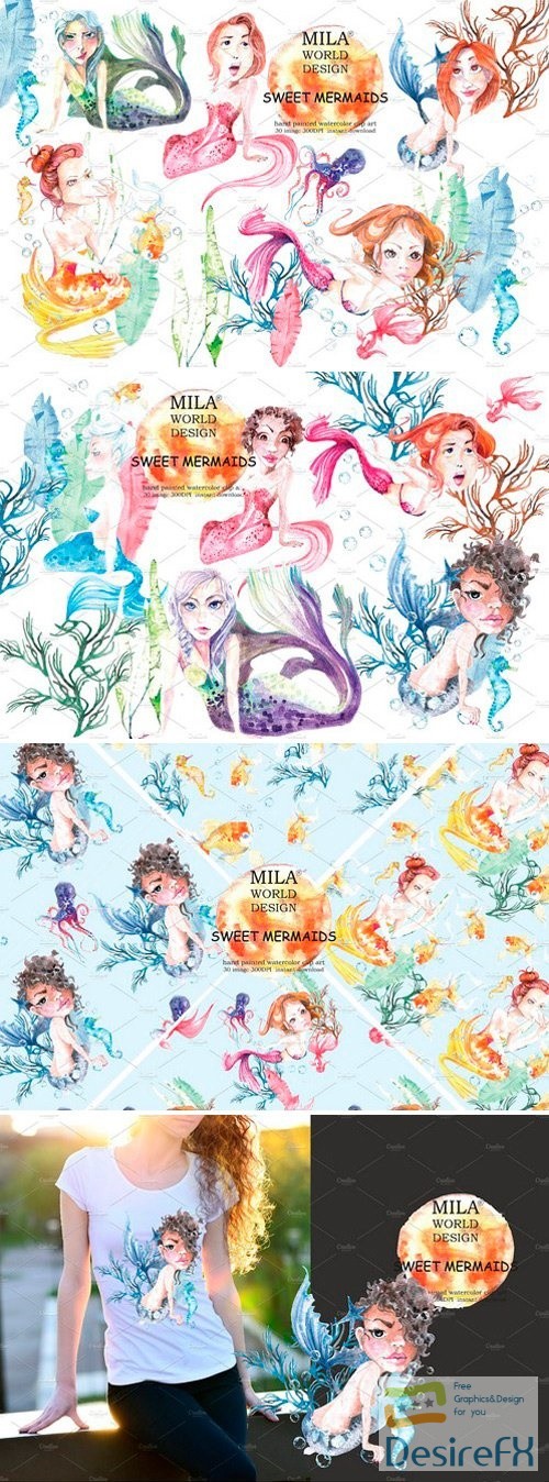 Sweet Mermaids Watercolor Illustration - 2486747