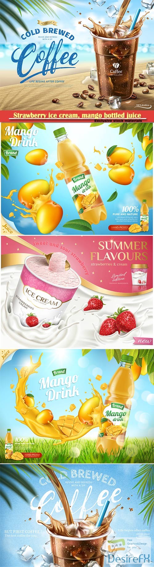 Strawberry ice cream, mango bottled juice, coffee ads, 3d vector illustration