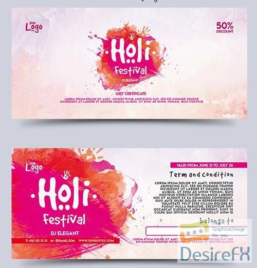 Holi Festival V5 2018 Premium Gift Certificate PSD Template