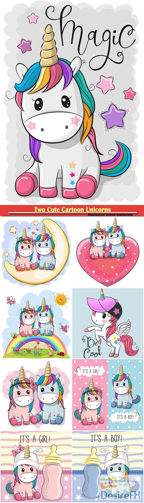 Two Cute Cartoon Unicorns on a heart background