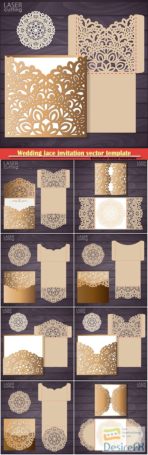 Wedding lace invitation vector template, template for laser cutting, die cut pocket envelope template
