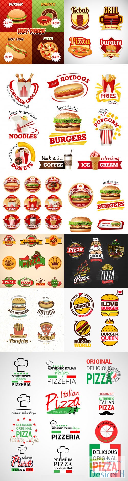 Pack of 65 Realistic Fast Food Logos &amp; Badges in Vector [Ai/EPS]