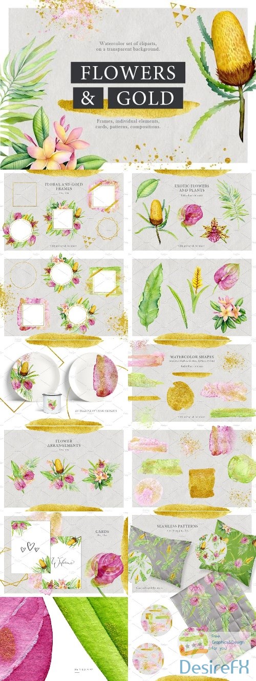 Watercolor stains & tropical flowers - 2580670
