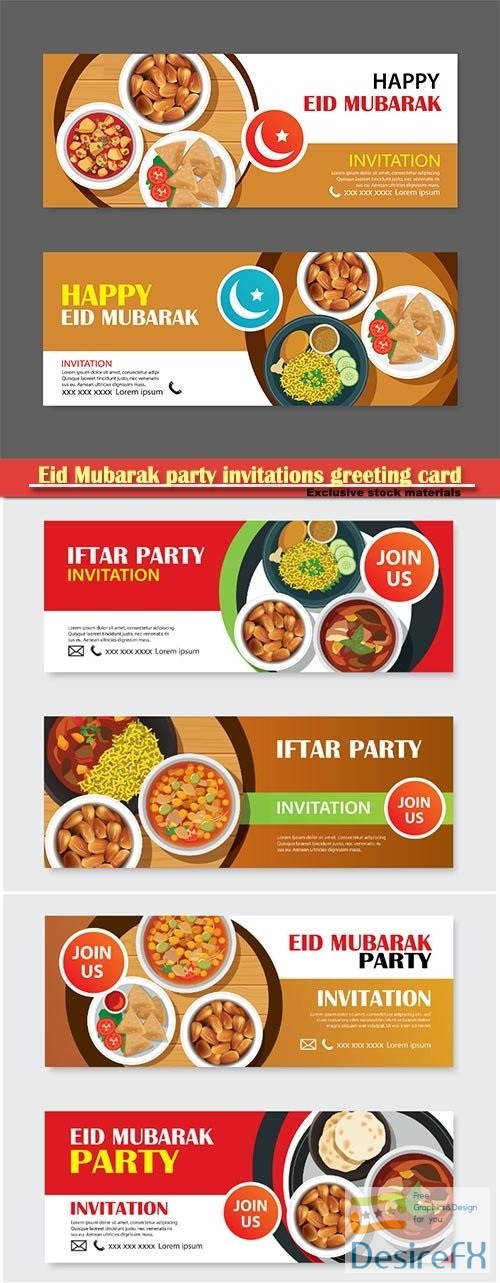 Eid Mubarak party invitations greeting card and banner with food background, Ramadan Kareem vector illustration