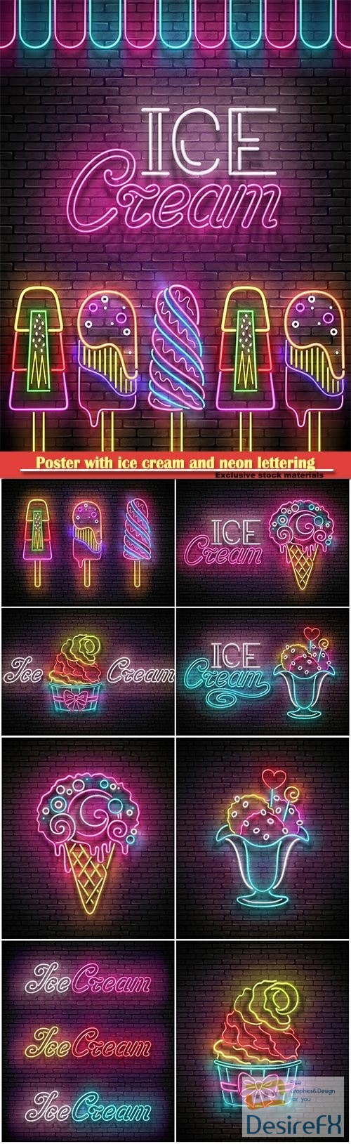 Poster with ice cream and neon lettering, vector 3d illustrator