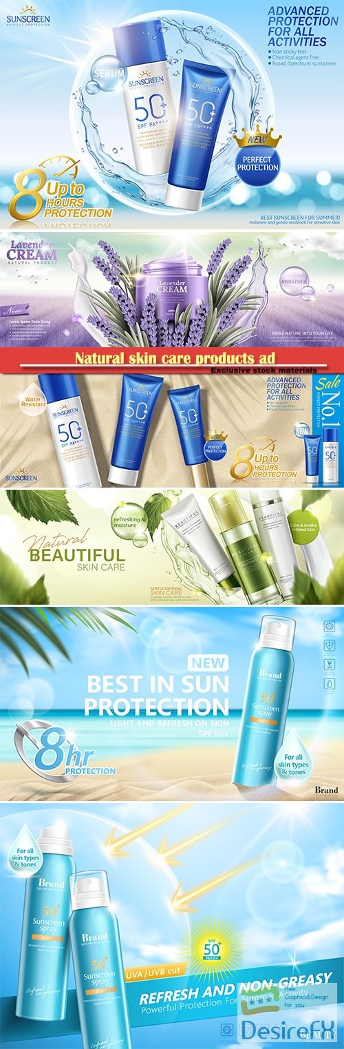Natural skin care products ad, sunscreen spray in 3d vector illustration, summer advertising