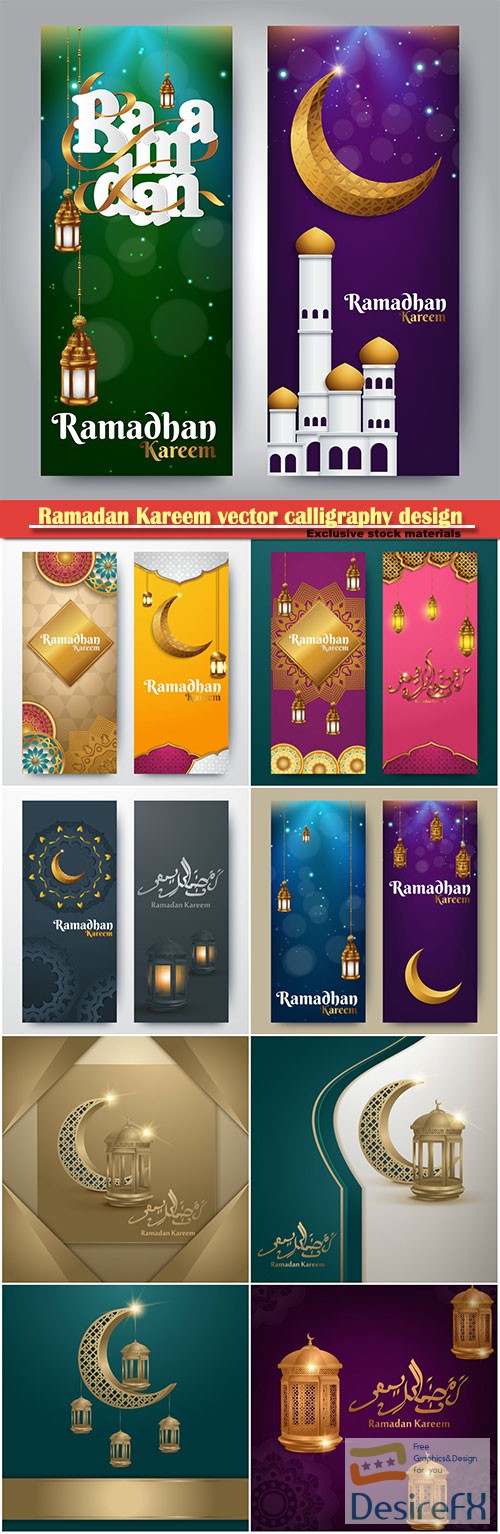 Ramadan Kareem vector calligraphy design with decorative floral pattern, mosque silhouette, crescent and glittering islamic background # 35