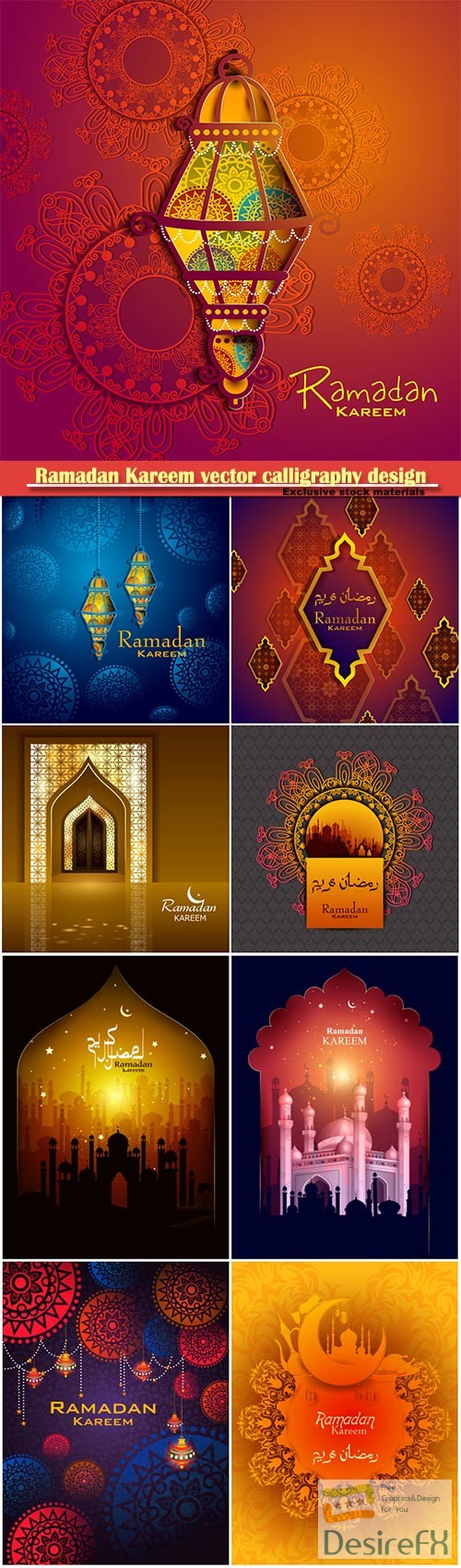 Ramadan Kareem vector calligraphy design with decorative floral pattern, mosque silhouette, crescent and glittering islamic background # 43
