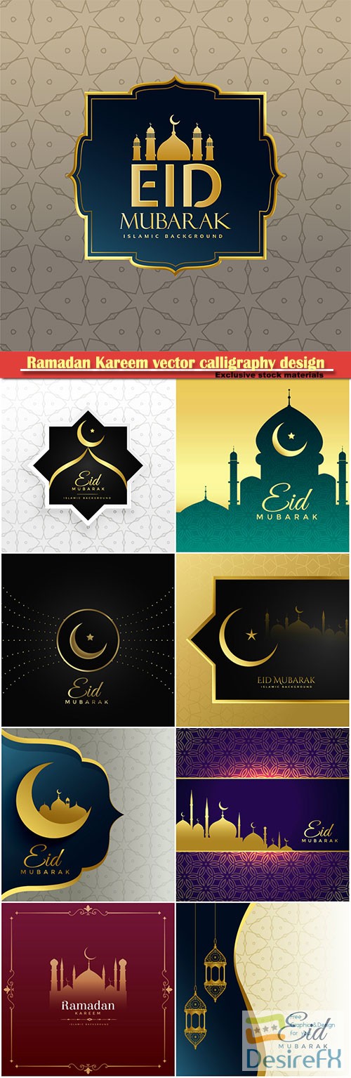 Ramadan Kareem vector calligraphy design with decorative floral pattern, mosque silhouette, crescent and glittering islamic background # 37