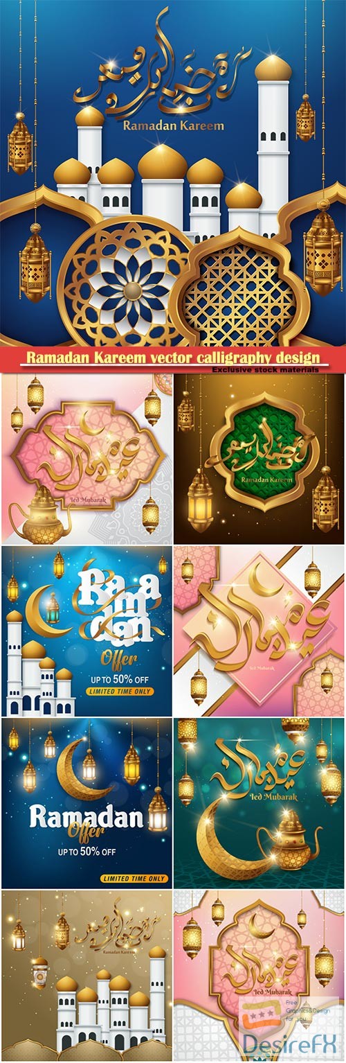 Ramadan Kareem vector calligraphy design with decorative floral pattern, mosque silhouette, crescent and glittering islamic background # 46