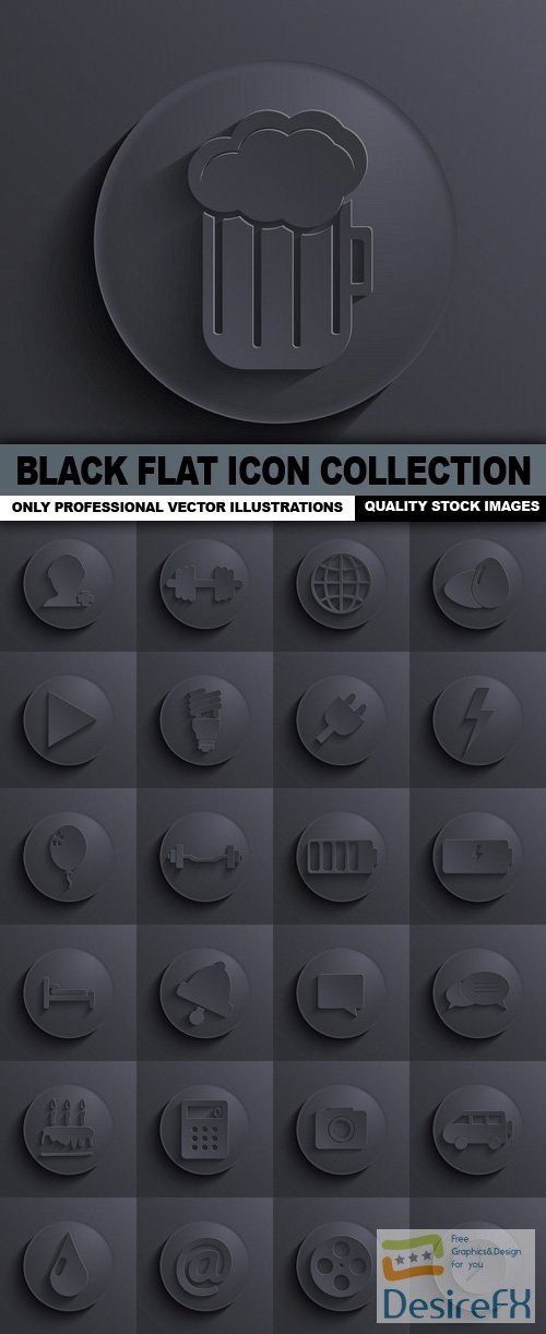 Black Flat Icon Collection - 50 Vector