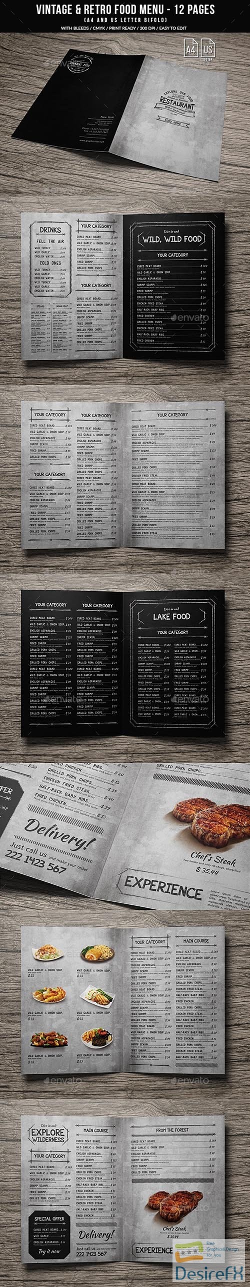 Vintage And Retro Bifold Menu A4 &amp; US Letter - 12 pgs