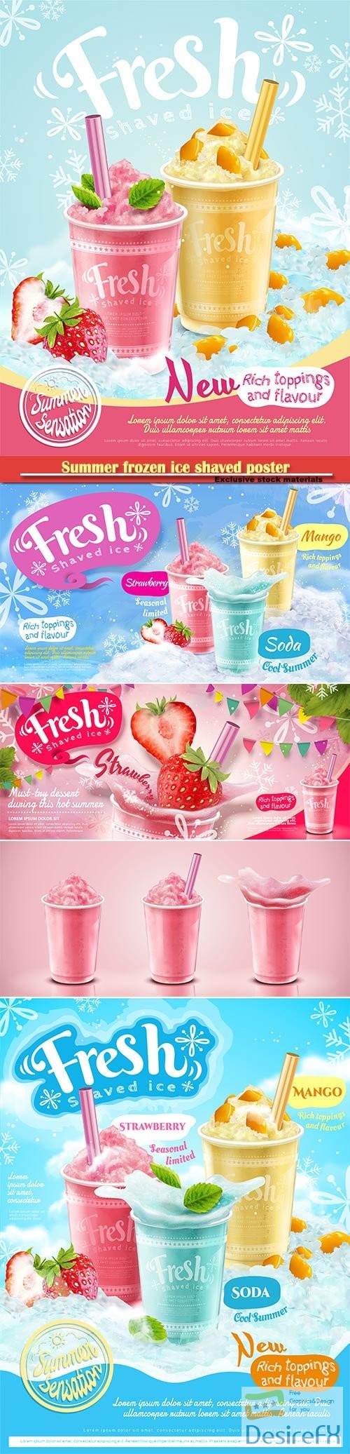 Summer frozen ice shaved poster with refreshing fruit and toppings in 3d illustration