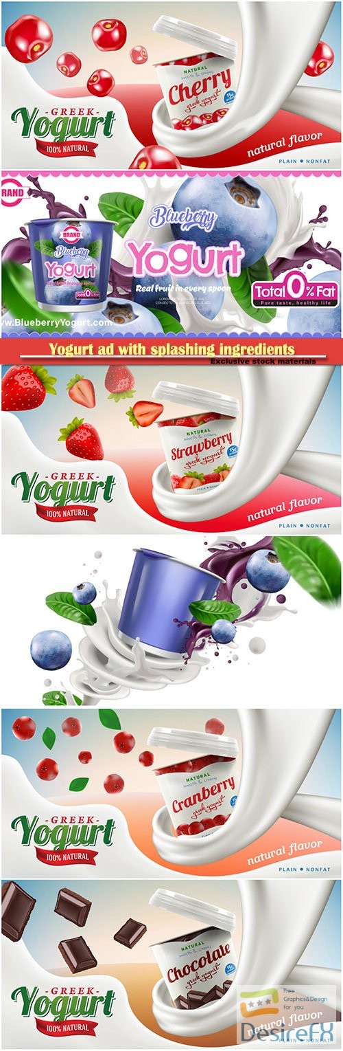 Yogurt ad with splashing ingredients behind commercial vector in 3d illustration