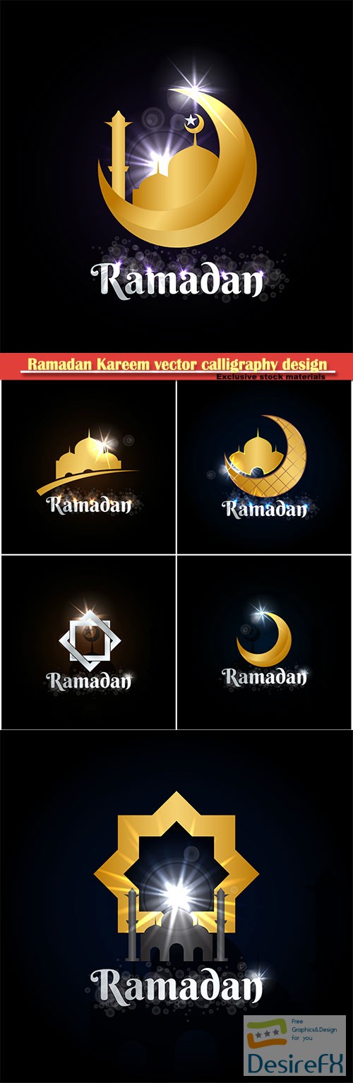 Ramadan Kareem vector calligraphy design with decorative floral pattern, mosque silhouette, crescent and glittering islamic background # 51