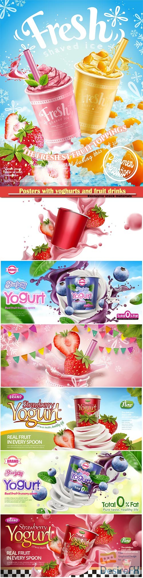 Posters with yoghurts and fruit drinks in vector