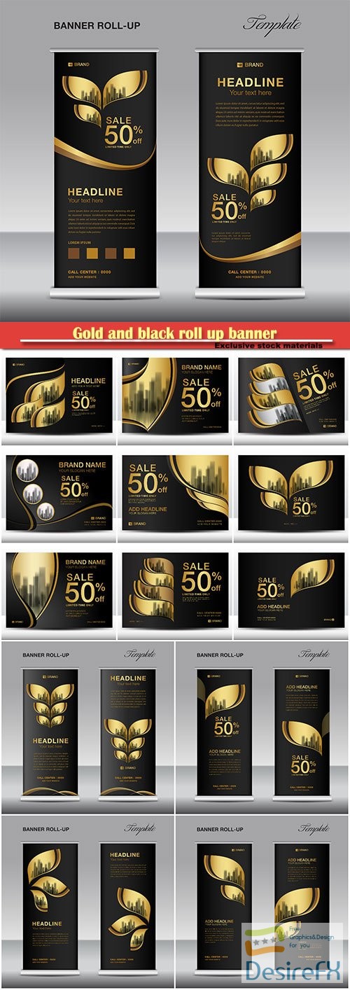 Gold and black roll up banner, billboard design template vector