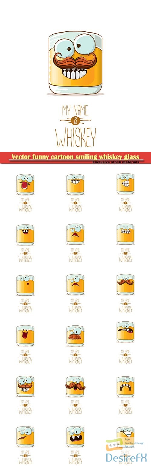 Vector funny cartoon smiling whiskey glass character, alcoholic character icon for bars label or menu