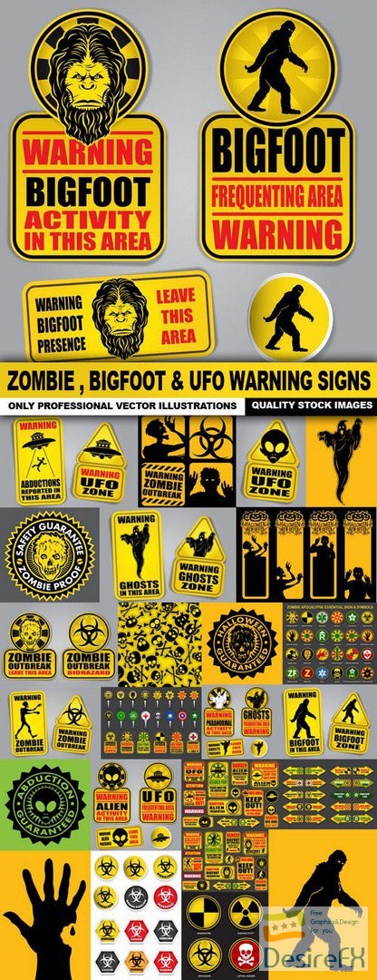 Zombie , Bigfoot &amp; UFO Warning Signs - 25 Vector