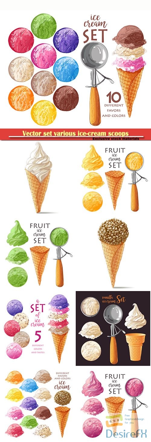 Vector set various ice-cream scoops in waffle cones with assorted balls of vanilla, citrus, strawberry, mint, chocolate