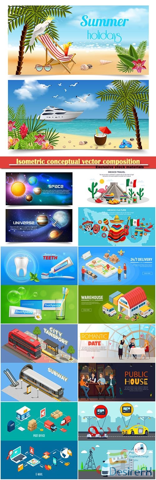 Isometric conceptual vector composition, infographics template, horizontal banners set # 17