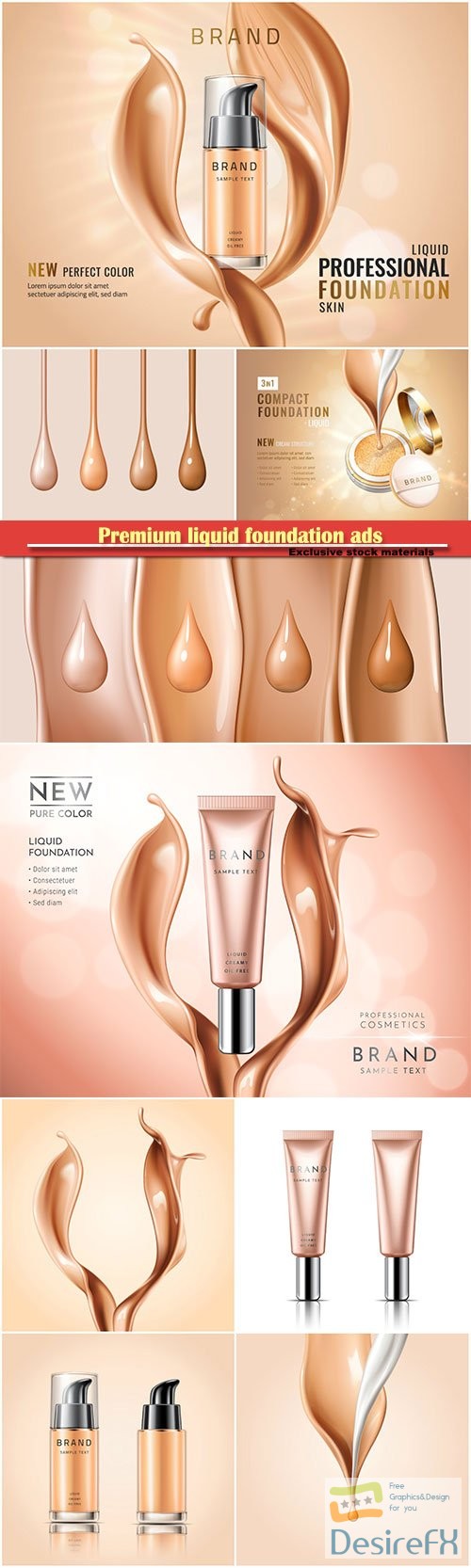 Premium liquid foundation ads, cosmetic tube, elegant splash of tonal fluid, vector 3d illustration
