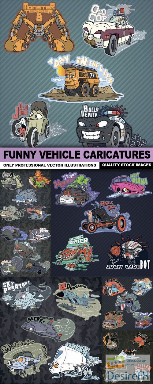 Funny Vehicle Caricatures - 7 Vector