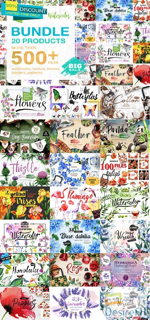 Watercolor Mega Bundle - 20 Sets with over 500 Graphics
