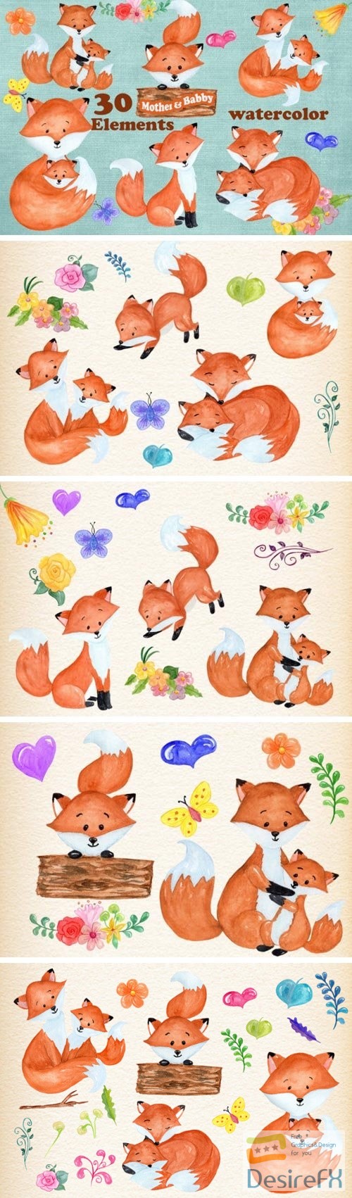 30 Mother &amp; Baby Fox Clipart Designs