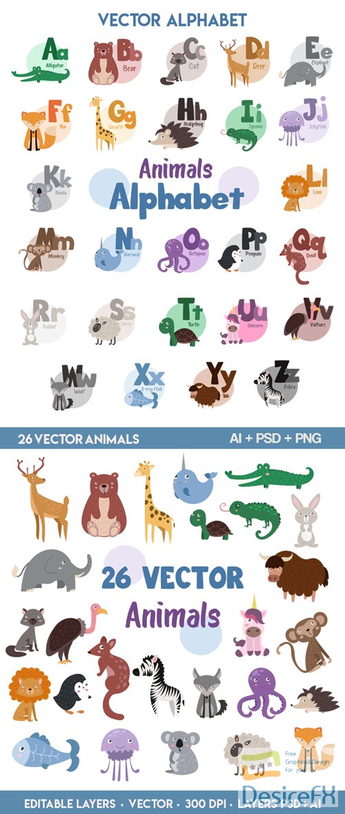 26 Vector Animals &amp; Alphabet [Ai/PSD]