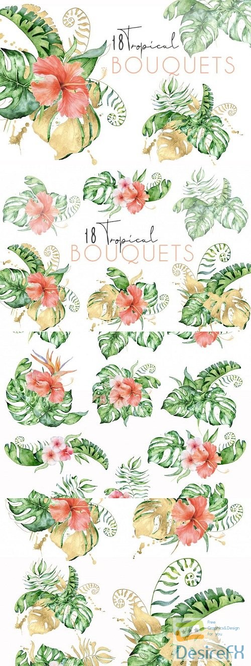DB 18 Tropical bouquets watercolor jungle clip - 206336