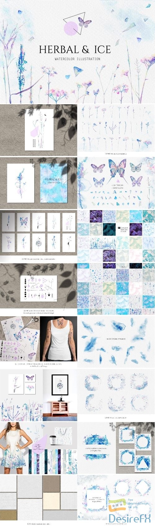 Watercolor floral design collection, herbal and ice - 153959