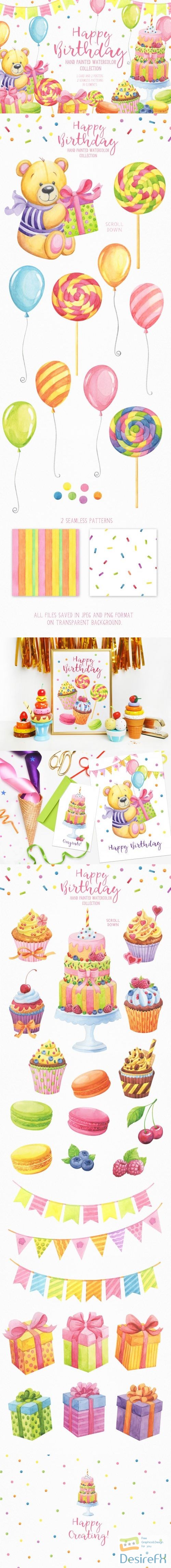 Happy Birthday hand painted watercolor collection - 81071
