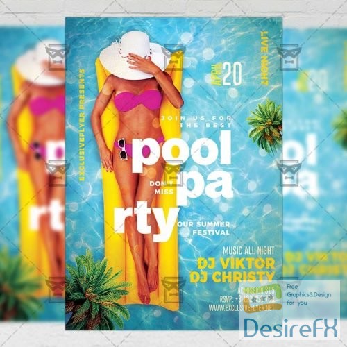 PSD Seasonal A5 Template - Pool Party 2019 Flyer