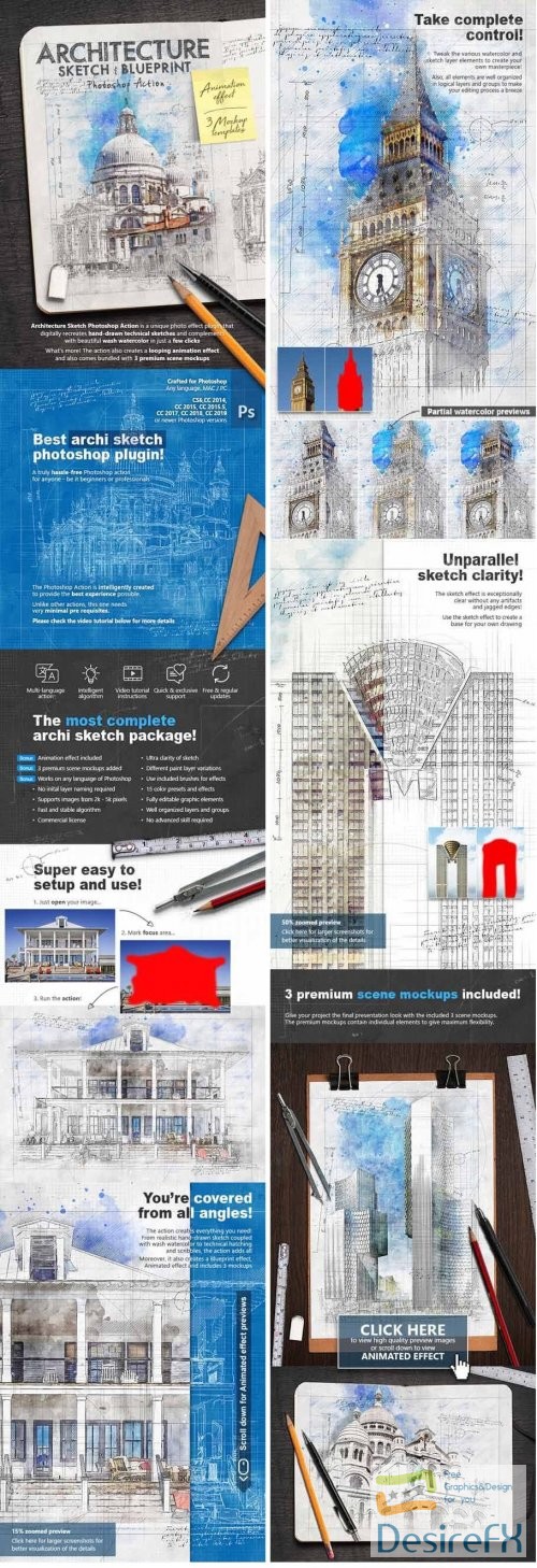 Animated Architecture Sketch and Blueprint Photoshop Action 23954628